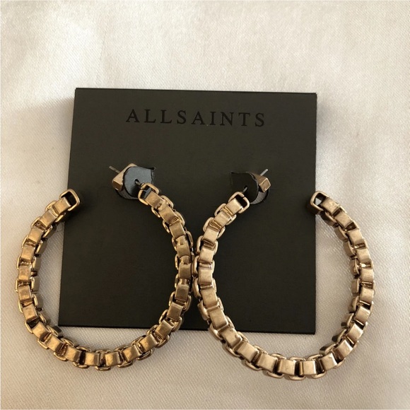ALLSAINTS Gold Tone C-Shaped Link Chain Hoop Earrings NWT - Picture 3 of 12